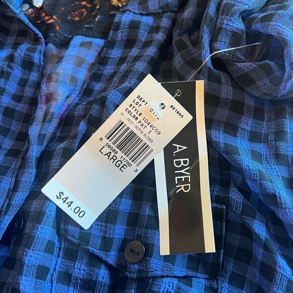 A. Byer NWT Blue Black Plaid Checkered Tie Front Button Up Lace Back Blouse Sz L - Picture 8 of 8
